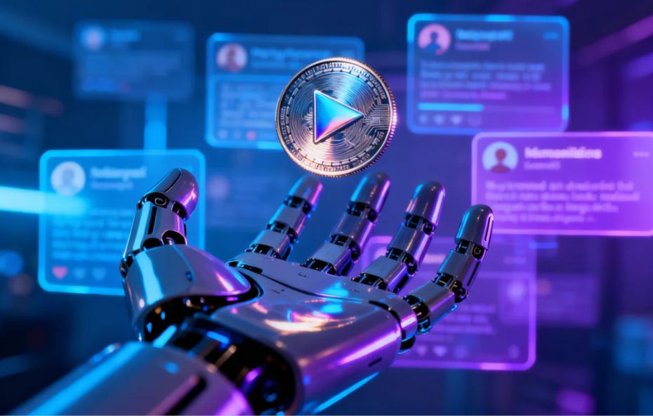 Mão robótica estendida segurando uma moeda digital com ícone de play, cercada por interfaces de redes sociais e inteligência artificial, simbolizando o marketing de conteúdo na era digital.