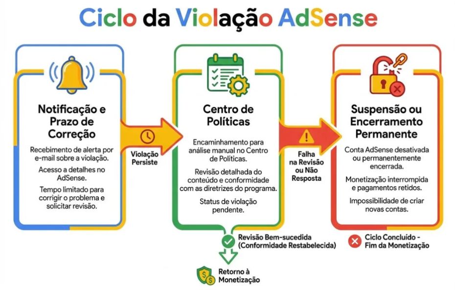 Infográfico ilustrando o Ciclo da Violação AdSense em três etapas Notificação e Prazo de Correção Centro de Políticas e Suspensão ou Encerramento Permanente.