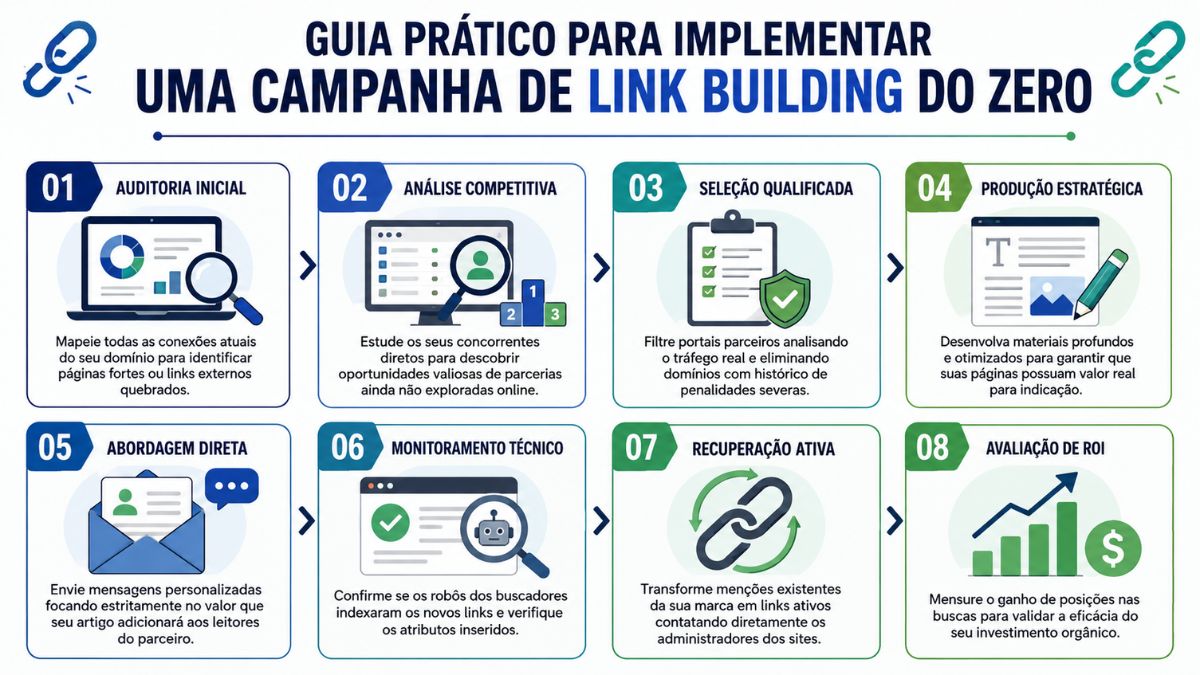 Infográfico profissional apresenta oito etapas para planejar, executar, monitorar e avaliar uma campanha de Link Building com foco em resultados orgânicos.
