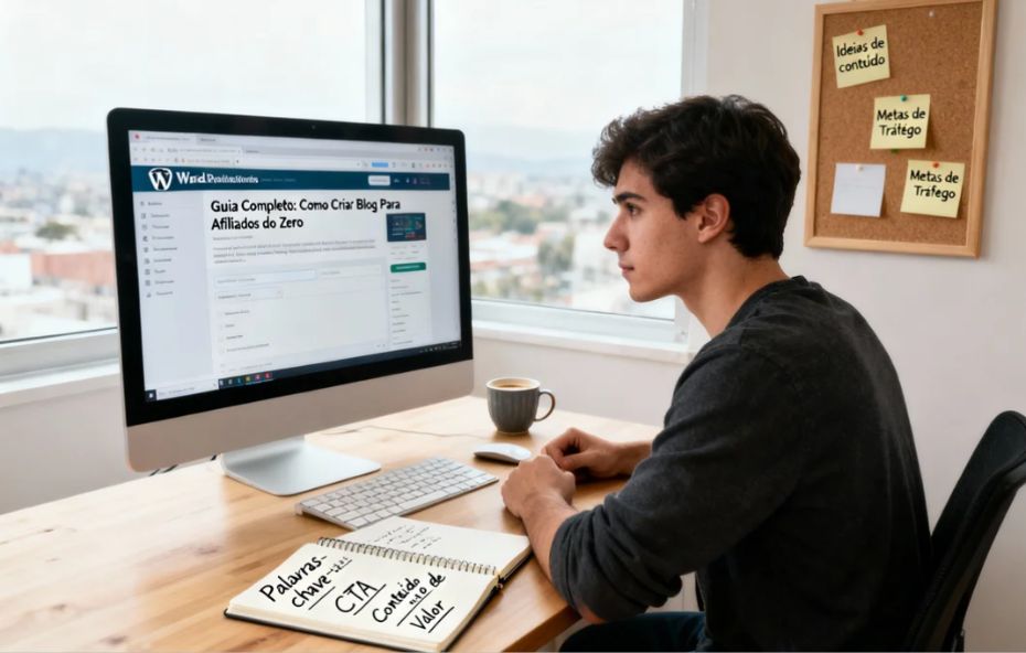 Jovem profissional focado na tela do monitor editando um artigo sobre "Como Criar Blog Para Afiliados do Zero" no WordPress. A mesa de trabalho organizada contém anotações escritas à mão em português com as palavras-chave "CTA" e "Conteúdo de Valor" e um quadro de cortiça com "Ideias de Conteúdo" e "Metas de Tráfego", ilustrando a fase de planejamento e configuração técnica.