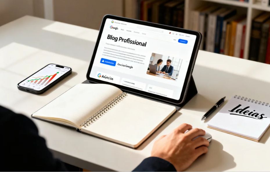 Tablet exibindo um "Blog Profissional" com anúncios Google AdSense inseridos no conteúdo, ao lado de um smartphone com gráfico de crescimento, caderno de anotações e mouse sem fio.