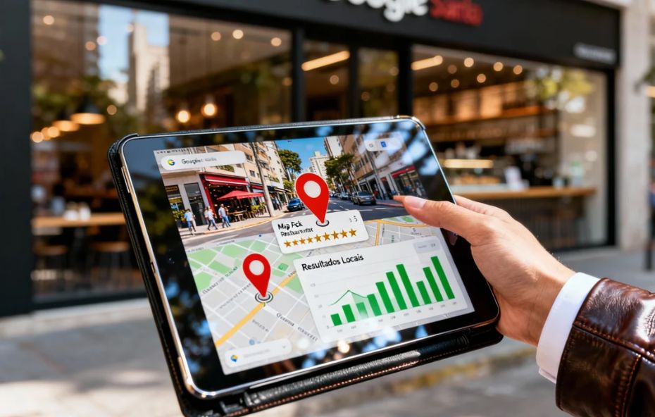 Mão de consultor segurando tablet exibindo Google Maps com pinos de localização, avaliações 5 estrelas para um restaurante e gráfico de "Resultados Locais" com barras verdes, com uma rua de comércio ao fundo.