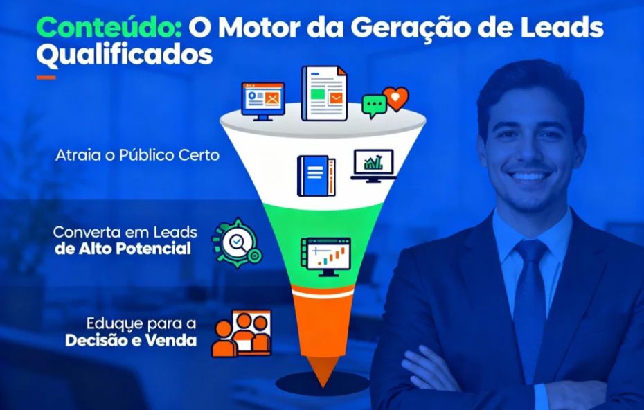 Infográfico de funil de vendas em três etapas mostrando como o Marketing de Conteúdo gera leads. O topo do funil (azul claro) com ícones de blog e redes sociais tem o texto Atraia o Público Certo. O meio do funil (verde) com ícones de e-book e análise tem o texto Converta em Leads de Alto Potencial. O fundo do funil (laranja) com ícone de monitoramento e pessoas tem o texto Eduque para a Decisão e Venda. Um homem de terno sorrindo está à direita.
