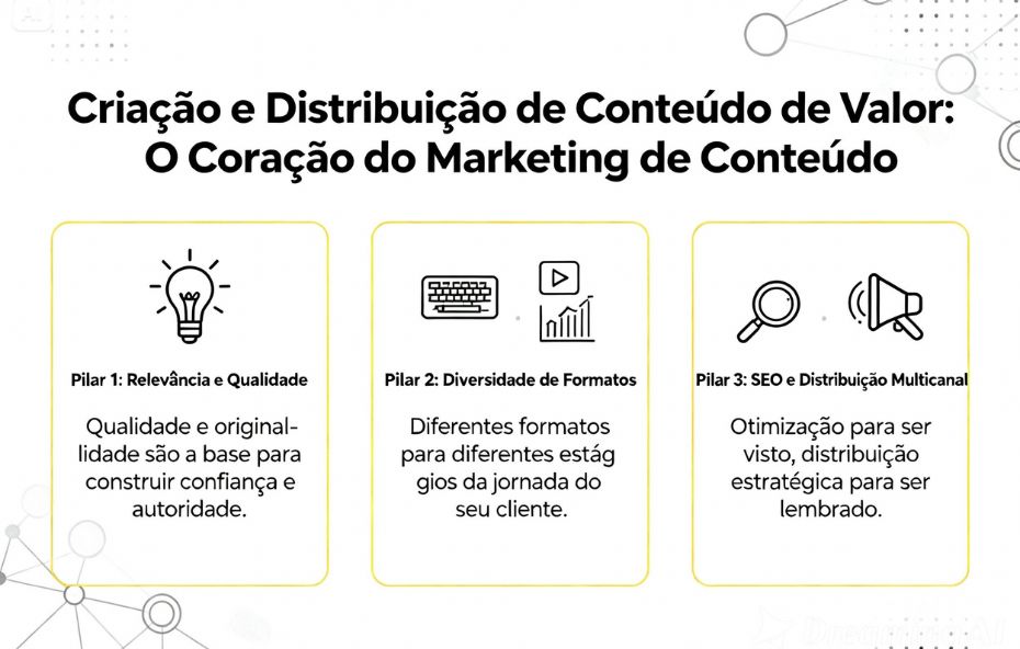 Infográfico dividido em três pilares. Pilar 1 Relevância e Qualidade com ícone de lâmpada. Pilar 2 Diversidade de Formatos com ícones de teclado e gráfico. Pilar 3 SEO e Distribuição Multicanal com ícones de lupa e megafone.