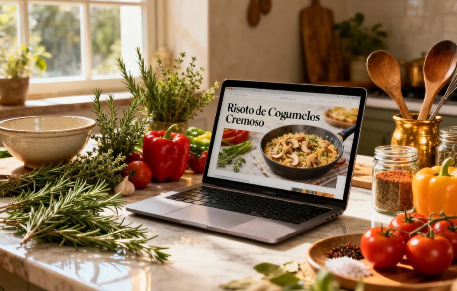 Um laptop em uma cozinha ensolarada exibindo a receita de Risoto de Cogumelos Cremoso, cercado por ingredientes frescos. Essa imagem simboliza o processo de como criar um blog de receitas de sucesso.