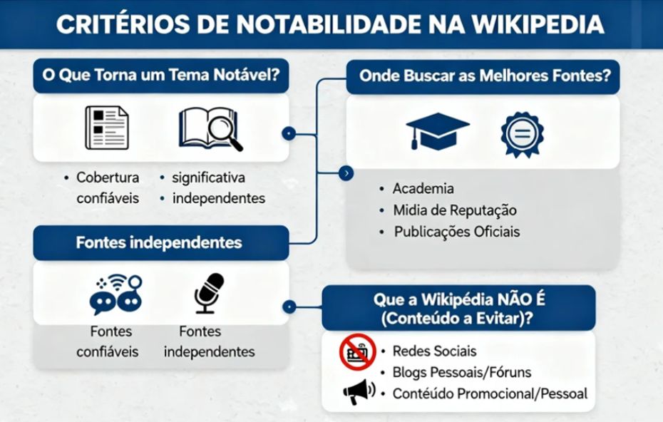 Infográfico que resume os critérios de notabilidade na Wikipédia. Mostra que um tema é notável com cobertura significativa, confiável e independente. As melhores fontes são Academia, Mídia de Reputação e Publicações Oficiais. As fontes a evitar são Redes Sociais, Blogs Pessoais, Fóruns e Conteúdo Promocional ou Pessoal.