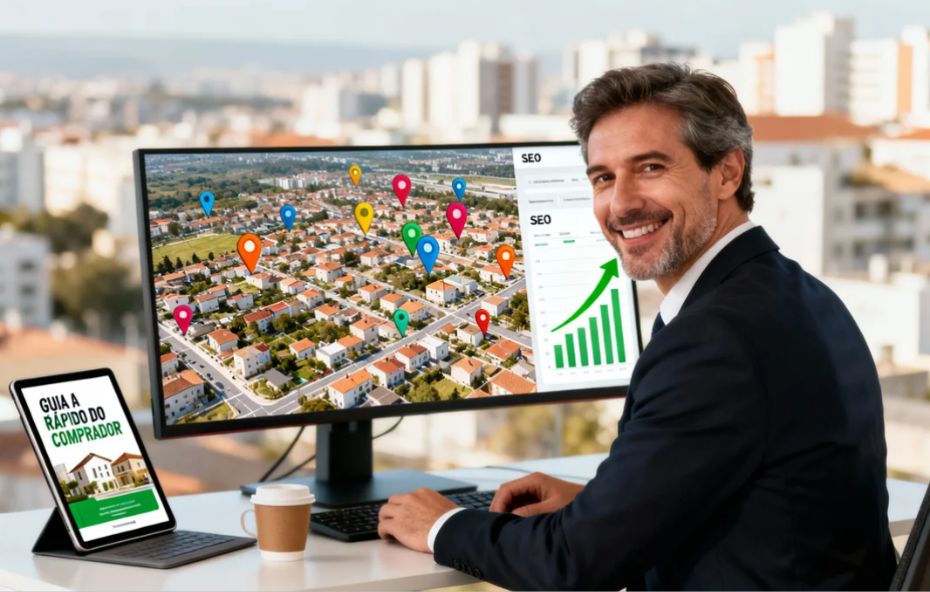 Corretor imobiliário profissional sorri em sua mesa de escritório com vista para a cidade. A tela exibe um mapa aéreo de um bairro com pinos de localização e um gráfico de SEO mostrando crescimento. Um tablet ao lado exibe um e-book com o título GUIA RÁPIDO DO COMPRADOR.