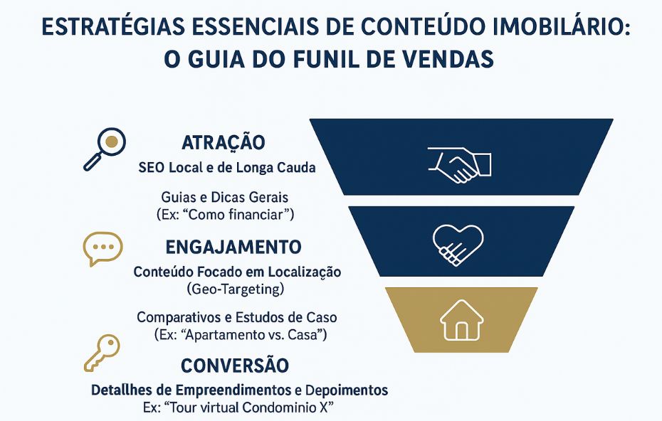 Infográfico que demonstra as Estratégias Essenciais de Conteúdo Imobiliário organizadas em um funil de vendas. O topo é a Atração com SEO Local e Longa Cauda e Guias Gerais O meio é o Engajamento com Conteúdo Focado em Localização e Comparativos O fundo é a Conversão com Detalhes de Empreendimentos e Tours Virtuais