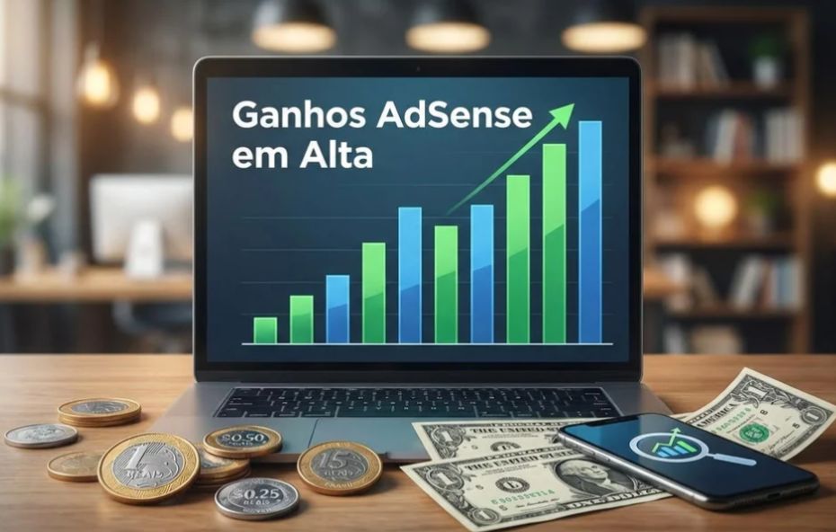 Notebook exibindo gráfico de barras de "Ganhos AdSense em Alta" com moedas e dólares e smartphone com ícone de lupa, simbolizando monetização e otimização de receita.