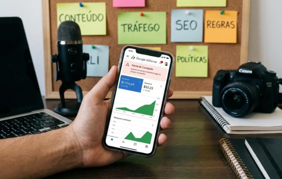 Mão segurando smartphone com painel AdSense exibindo receita e alerta de conteúdo. No fundo microfone câmera e post its de SEO Regras e Políticas.