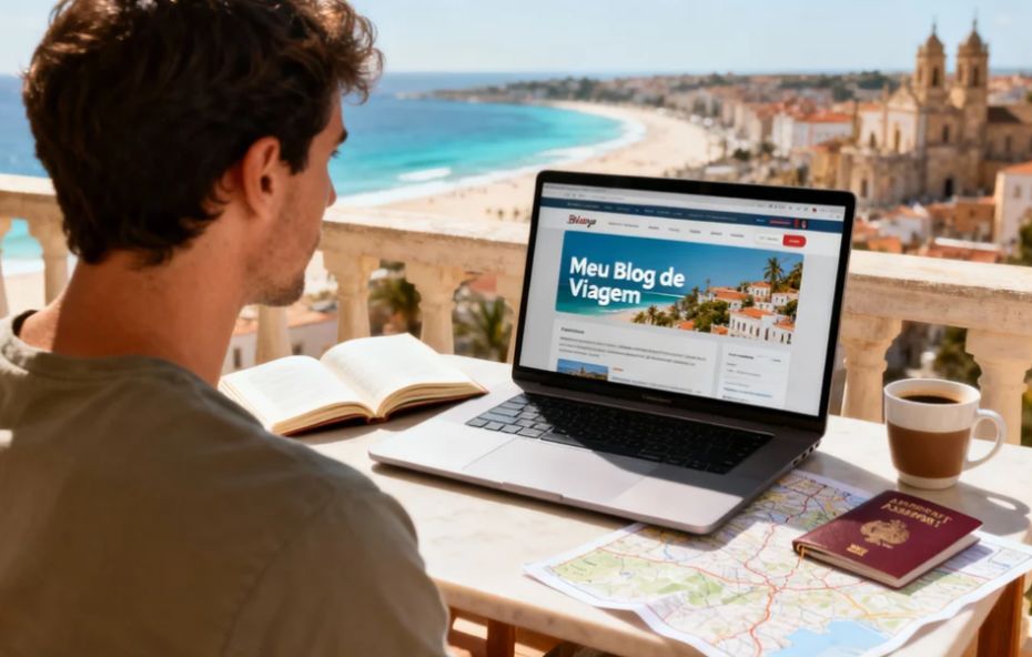 Jovem sentado em varanda com vista panorâmica, usando laptop para criar um blog de viagem. A tela exibe o título "Meu Blog de Viagem". Há um passaporte, mapa e café ao lado, simbolizando a união de trabalho e aventura na criação de blog de viagem.