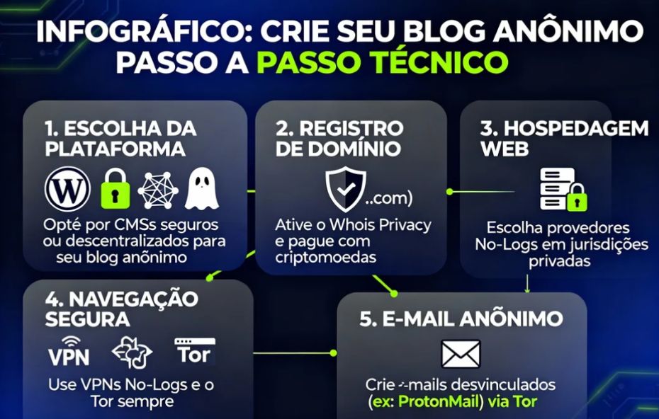 Fluxograma detalhado com cinco etapas para criar um blog anônimo, incluindo escolha de plataforma, registro de domínio, hospedagem No-Logs, uso de VPN/Tor e criação de e-mail anônimo.