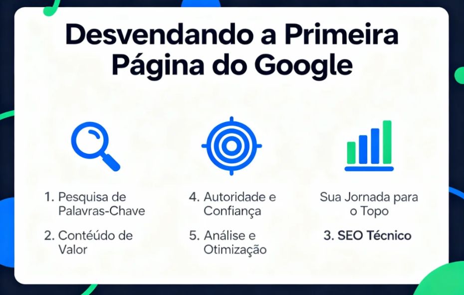 Infográfico com fundo azul marinho e box branco, exibindo o título "Desvendando a Primeira Página do Google". Apresenta três colunas de ícones e listas numeradas com os passos essenciais de SEO: 1. Pesquisa de Palavras-Chave, 2. Conteúdo de Valor, 3. SEO Técnico, 4. Autoridade e Confiança, 5. Análise e Otimização, e o texto "Sua Jornada para o Topo".