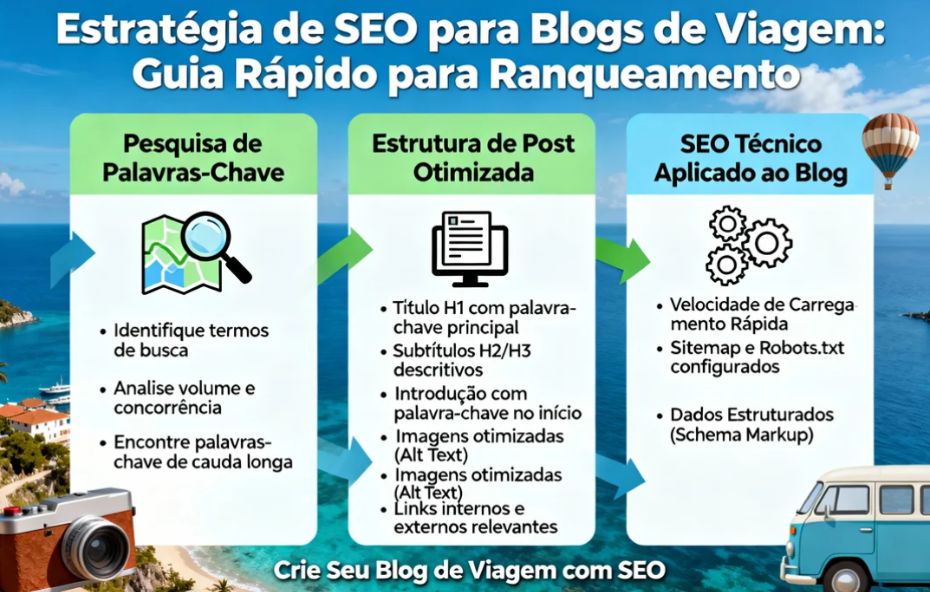 Infográfico detalhado sobre Estratégia de SEO para Blogs de Viagem, apresentando os pilares Pesquisa de Palavras-Chave, Estrutura de Post Otimizada e SEO Técnico Aplicado. Essencial para quem quer criar um blog de viagem de sucesso.