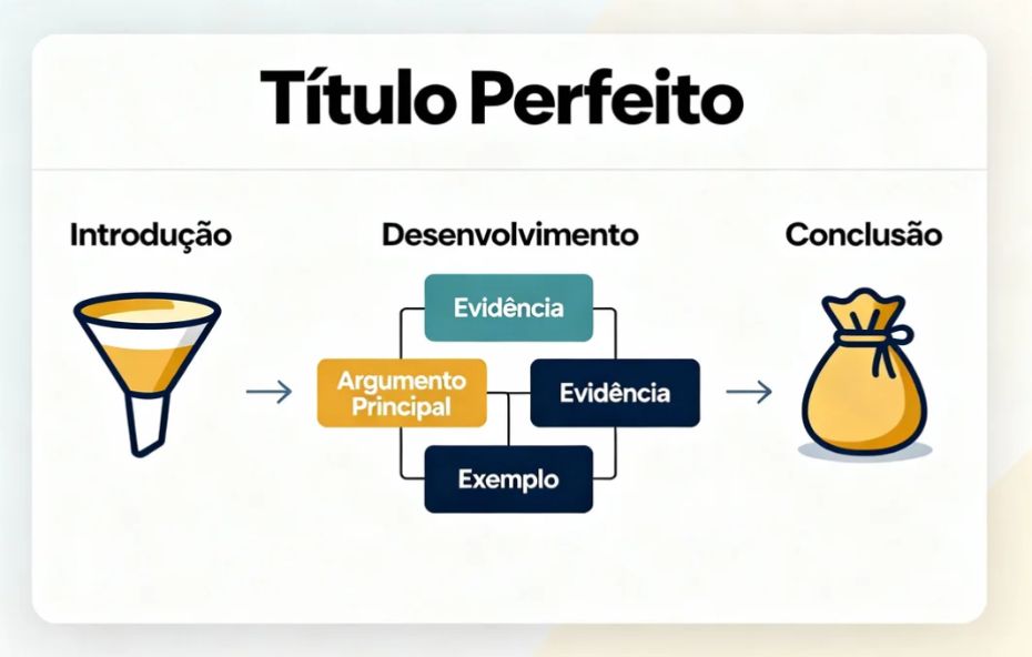 Infográfico da estrutura de um artigo começando com 'Título Perfeito', seguido pela 'Introdução' representada por um funil, o 'Desenvolvimento' com blocos de 'Argumento Principal', 'Evidência' e 'Exemplo', e finalizando com a 'Conclusão' representada por um saco de dinheiro ou saco de desfecho.