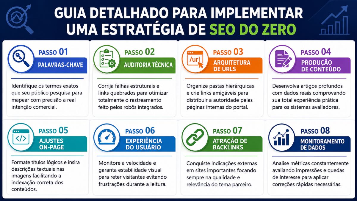 Um infográfico digital com fundo azul-escuro exibe o título principal sobre como implementar uma estratégia do zero em letras maiúsculas brancas e verdes. Abaixo do cabeçalho, oito cartões brancos com cantos arredondados estão organizados em duas linhas horizontais contendo quatro blocos cada um. Cada cartão apresenta um ícone colorido circular, a identificação do passo de um a oito, um subtítulo destacado em caixa alta e um pequeno parágrafo explicativo em texto corrido sobre as etapas de aprimoramento de páginas digitais.