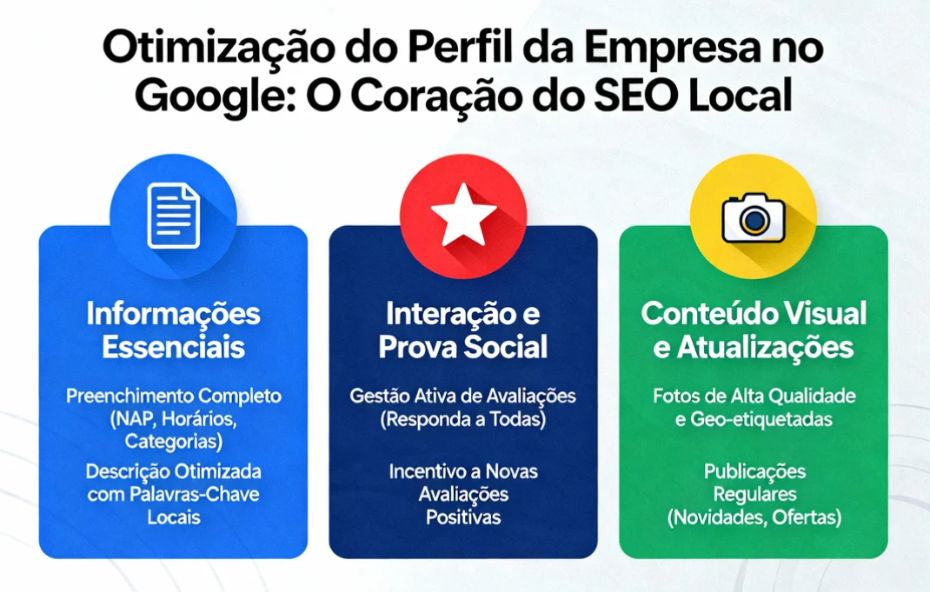 Infográfico dividido em três colunas coloridas mostrando como a consultoria de SEO local otimiza o Perfil da Empresa no Google: "Informações Essenciais" (Preenchimento e Descrição), "Interação e Prova Social" (Gestão e Incentivo a Avaliações) e "Conteúdo Visual e Atualizações" (Fotos e Publicações Regulares).