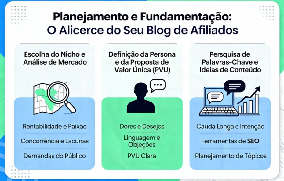 Infográfico detalhando "Planejamento e Fundamentação: O Alicerce do Seu Blog de Afiliados", com seções visuais sobre Escolha do Nicho, Definição da Persona e Pesquisa de Palavras-Chave, incluindo termos como "Rentabilidade e Paixão", "Dores e Desejos", "Cauda Longa e Intenção", "Ferramentas de SEO" para ajudar a ranquear no Google.