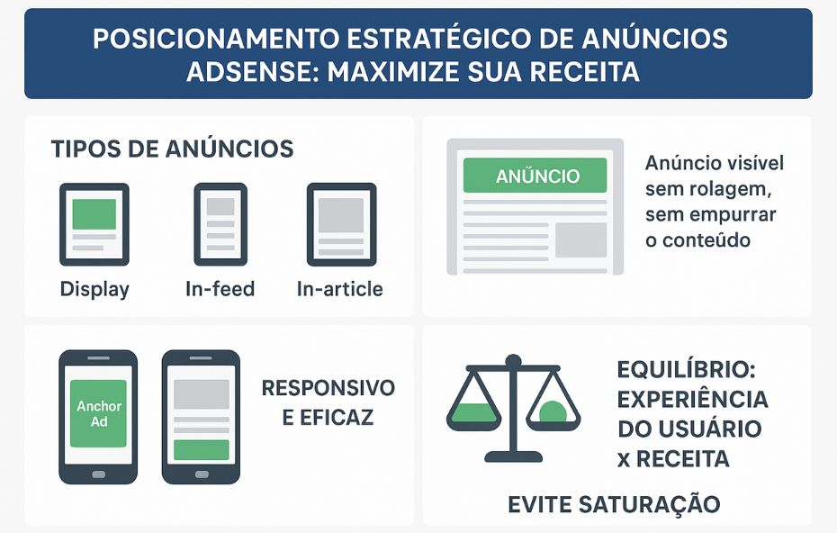 Infográfico retangular detalhando quatro estratégias de posicionamento de anúncios AdSense: Tipos de Anúncios, anúncio acima da dobra, otimização responsiva e a necessidade de evitar a saturação para equilibrar a experiência do usuário e a receita.