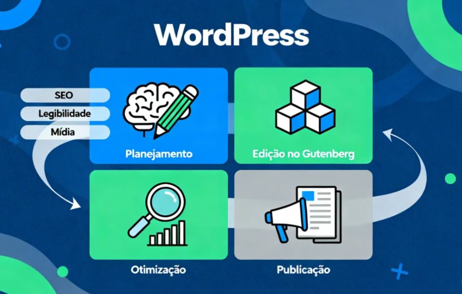 Infográfico em quatro etapas que detalha o processo de criação de um artigo no WordPress, incluindo Planejamento, Edição no Gutenberg, Otimização (com SEO e Legibilidade) e Publicação.