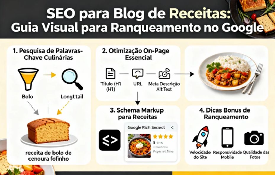 Infográfico "SEO para Blog de Receitas: Guia Visual para Ranqueamento no Google". Detalha 4 passos de otimização: Pesquisa de Palavras-Chave (Long Tail), Otimização On-Page (Título, URL, Meta Descrição, Alt Text), Schema Markup para Rich Snippets e Dicas Bônus (Velocidade, Mobile, Fotos).