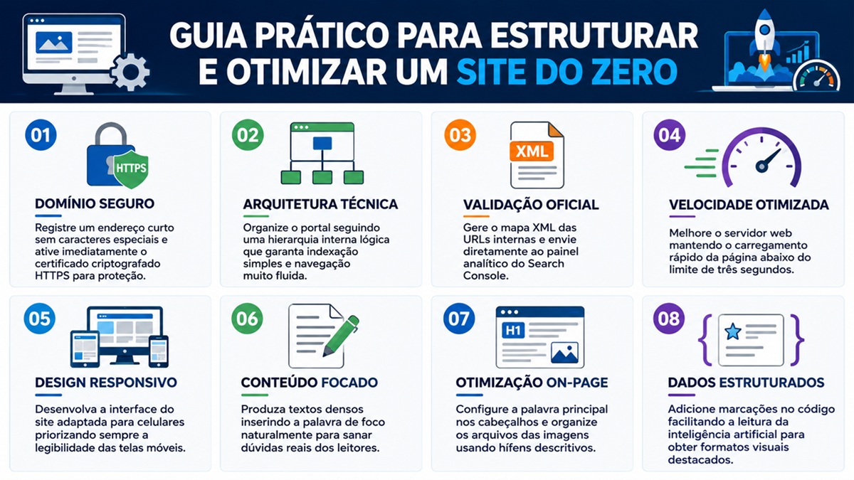 Infográfico explicativo com fundo azul escuro no topo e oito blocos numerados dispostos em duas linhas apresentando passos estratégicos de desenvolvimento web.