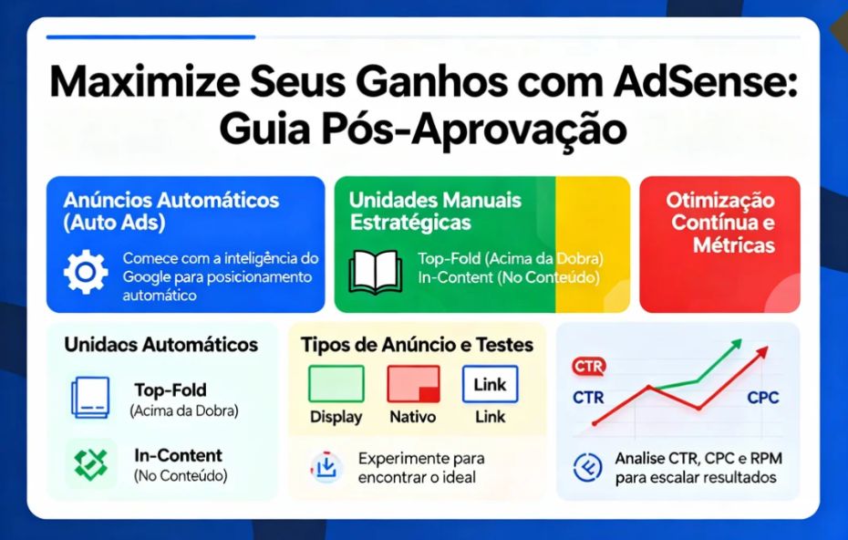 Infográfico "Maximize Seus Ganhos com AdSense: Guia Pós-Aprovação" detalhando as seções de Anúncios Automáticos, Unidades Manuais Estratégicas (Top-Fold, In-Content), Tipos de Anúncio (Display, Nativo, Link) e Otimização Contínua e Métricas (CTR, CPC e RPM).