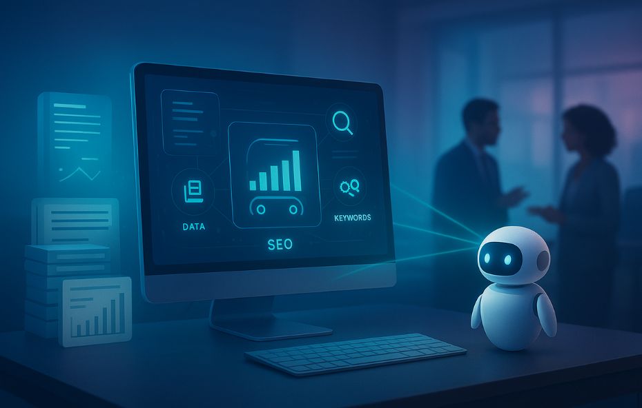 Robô de IA monitora dados de SEO e palavras chave em um computador desktop, simbolizando a automação e otimização do marketing de conteúdo digital.