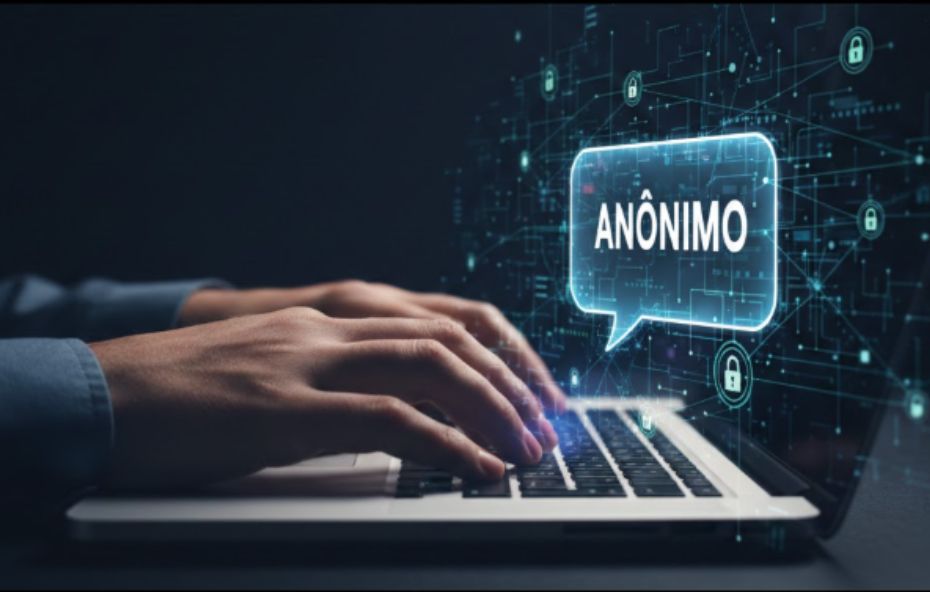 Mãos digitando em laptop com balão de fala "ANÔNIMO" e rede digital de segurança ao fundo.