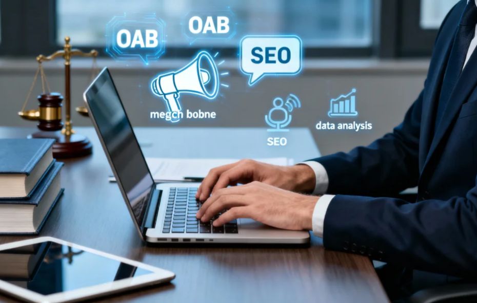 Imagem de um advogado digitando em um notebook em um escritório moderno, com ícones digitais de OAB, SEO e análise de dados, simbolizando o marketing de conteúdo jurídico.