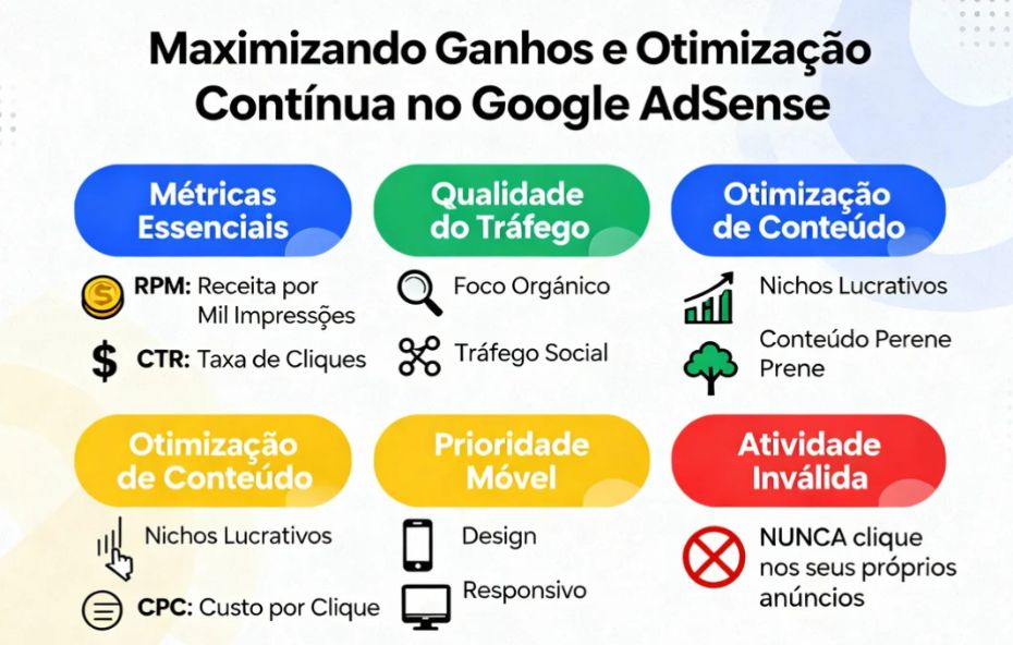 Infográfico detalhando estratégias para maximizar ganhos no Google AdSense, cobrindo métricas essenciais como RPM CTR CPC, qualidade do tráfego orgânico e social, otimização de conteúdo para nichos lucrativos e conteúdo perene, prioridade móvel com design responsivo e um alerta crucial sobre atividade inválida.