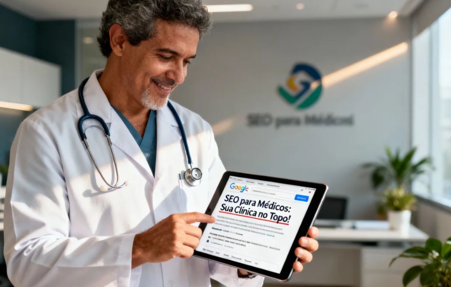 Um médico sorridente de jaleco branco e estetoscópio aponta para a tela de um tablet onde se vê a primeira página de resultados do Google com o título "SEO para Médicos Sua Clínica no Topo!".