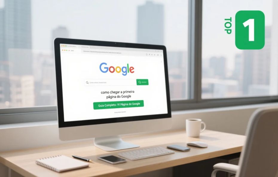 Monitor de computador em mesa de escritório exibindo a página de resultados do Google com a busca "como chegar a primeira página do Google" e um resultado destacado com o texto "Guia Completo: 1ª Página do Google", simbolizando o ranqueamento TOP 1 em um ícone verde na lateral.