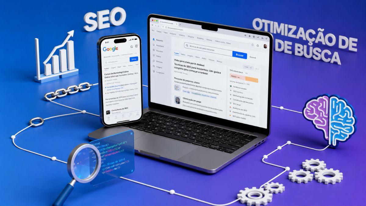 Um notebook aberto exibe um painel de análise com dados técnicos ao lado de um smartphone mostrando a tela inicial de um buscador. Elementos tridimensionais cercam os aparelhos, incluindo um gráfico de crescimento, uma corrente com elos conectados, uma lupa focada em linhas de código, engrenagens brancas e um cérebro estilizado que representa a inteligência artificial, tudo organizado sobre um fundo inteiramente azul.