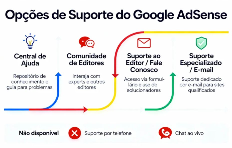 Infográfico detalhando as opções de suporte do Google AdSense, incluindo Central de Ajuda, Comunidade de Editores, Suporte ao Editor Fale Conosco via formulário e Suporte Especializado por e-mail para sites qualificados. O infográfico também destaca que não estão disponíveis suporte por telefone e chat ao vivo.