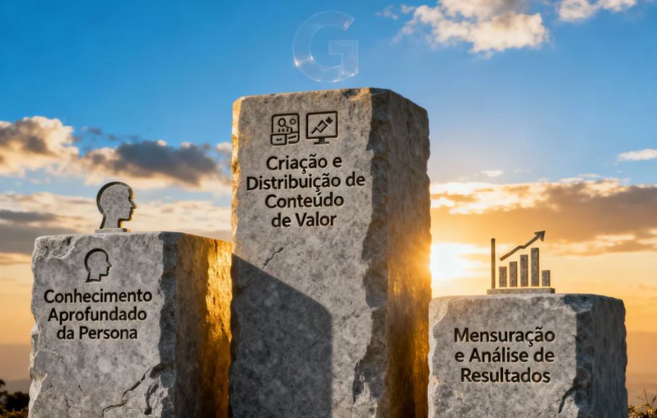 Três blocos de pedra simbolizando as bases do marketing de conteúdo. O primeiro é Conhecimento Aprofundado da Persona, o segundo Criação e Distribuição de Conteúdo de Valor e o terceiro Mensuração e Análise de Resultados, com o G de Google acima.