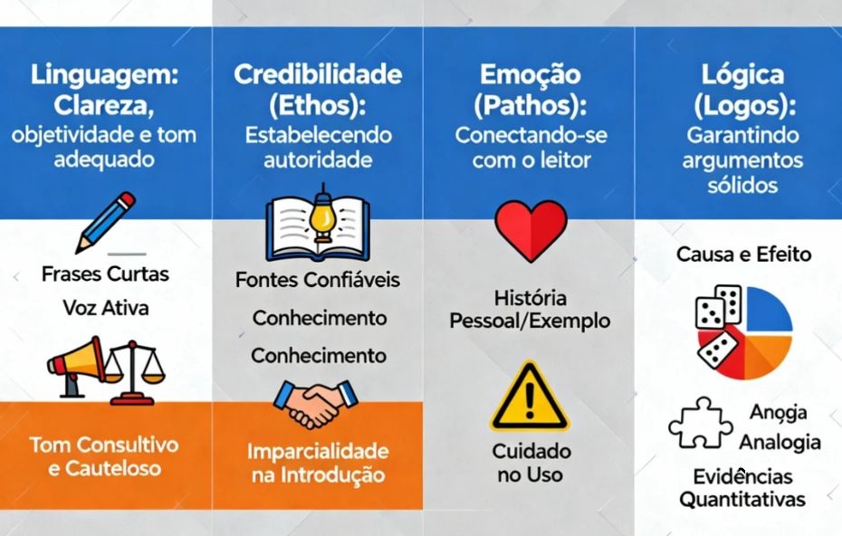 Infográfico dividido em quatro colunas: Linguagem, Credibilidade (Ethos), Emoção (Pathos) e Lógica (Logos). Cada coluna lista elementos chave para uma comunicação persuasiva eficaz.