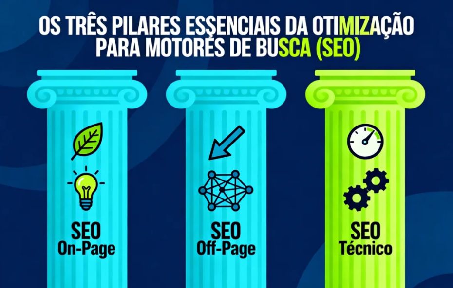 Infográfico de três pilares de coluna grega nas cores azul e verde limão, cada um com um ícone e o texto "SEO On-Page", "SEO Off-Page" e "SEO Técnico".