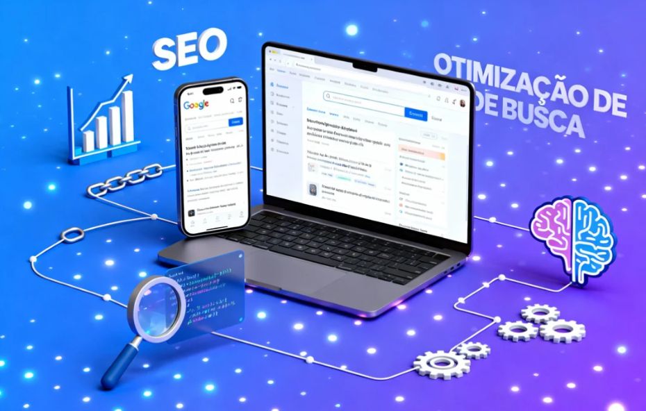Smartphone e laptop exibindo resultados de busca do Google sobre SEO, rodeados por elementos gráficos que representam otimização on-page, off-page, técnica, ranqueamento e inteligência artificial, destacando o que é otimização para motores de busca.