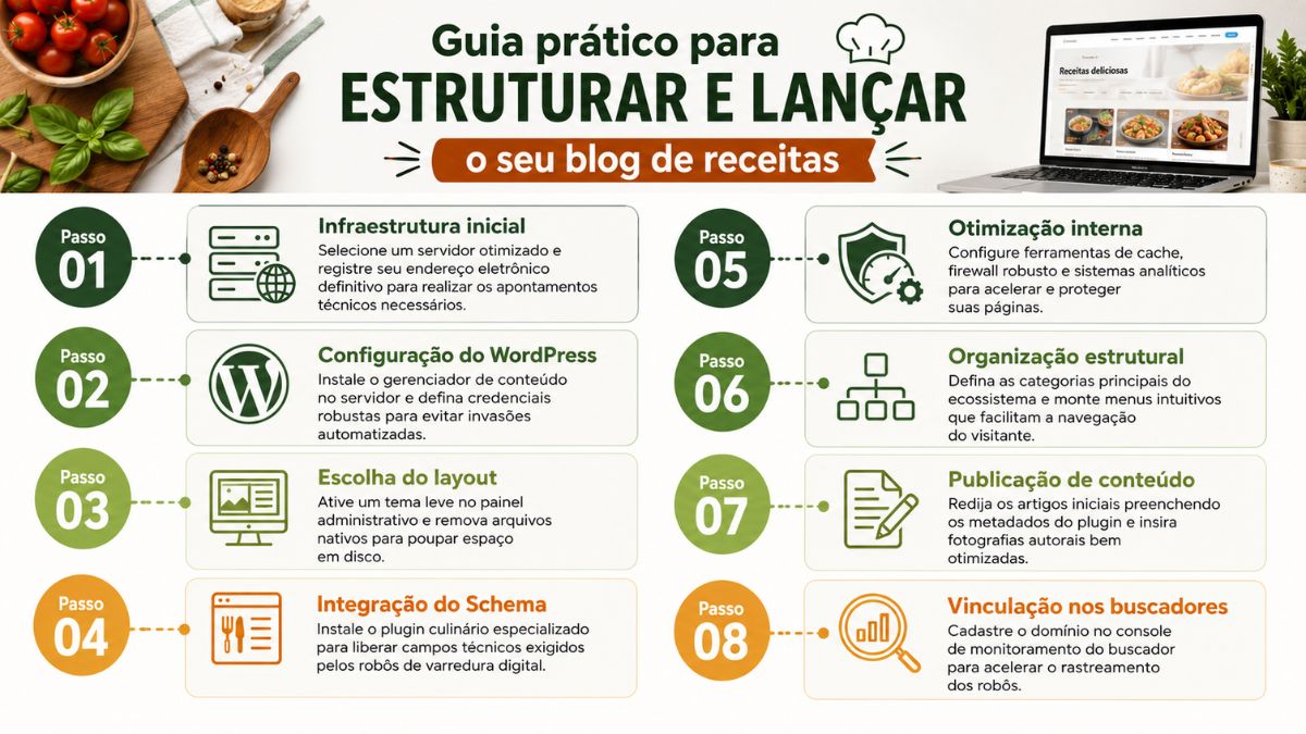 Infográfico com oito etapas para estruturar um blog de receitas, abordando infraestrutura, instalação do WordPress, escolha do layout, integração de Schema, otimização, organização das categorias, publicação de conteúdos e vinculação aos buscadores.