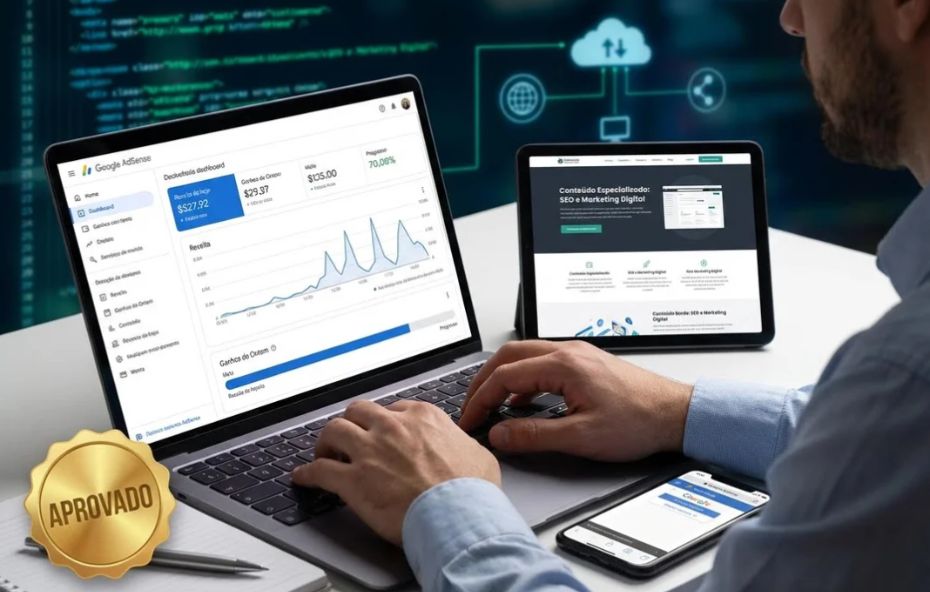 Painel do Google AdSense em um notebook exibindo um crescimento de receita com o distintivo dourado escrito "APROVADO". Um homem trabalha no teclado ao lado de um tablet com conteúdo de alta qualidade e um smartphone. A imagem simboliza a conformidade com os requisitos do AdSense e o sucesso na monetização.