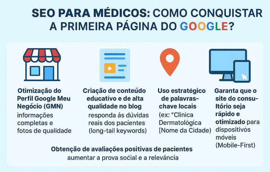 Infográfico vertical sobre SEO para médicos apresentando cinco pilares essenciais Otimização do Perfil Google Meu Negócio Criação de conteúdo educativo de alta qualidade Uso estratégico de palavras-chave locais Garantia de site rápido e mobile first Obtenção de avaliações positivas de pacientes.