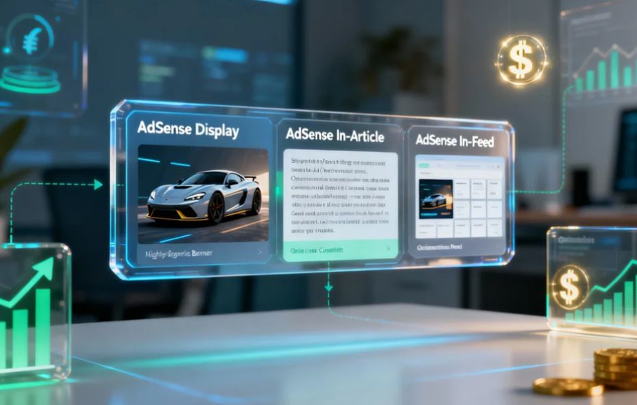 Representação digital e realista dos principais tipos de anúncios do AdSense: AdSense Display, AdSense In Article e AdSense In Feed, mostrando a otimização de receita com gráficos de crescimento e moedas.
