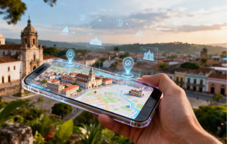Mão segurando um smartphone que projeta um mapa holográfico interativo com ícones de localização e pontos turísticos sobrepostos a uma cidade histórica ao entardecer.