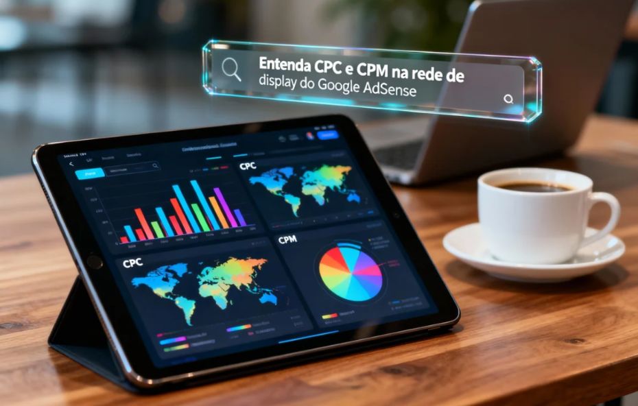 Um tablet sobre uma mesa de madeira exibe um painel de análise de dados com gráficos coloridos de CPC e CPM. Ao fundo, um laptop e uma xícara de café complementam a cena de trabalho. Acima do tablet, uma barra de pesquisa flutuante e translúcida mostra a frase "Entenda CPC e CPM na rede de display do Google AdSense".