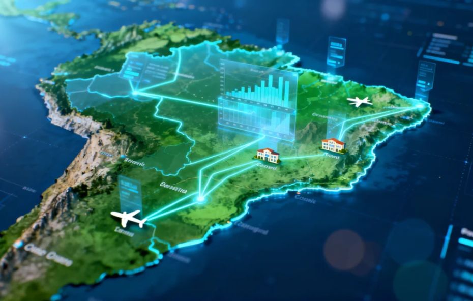 Mapa do Brasil com conexões entre cidades, gráficos transparentes, ícones turísticos e rotas aéreas destacando análise de mercado turístico nacional.