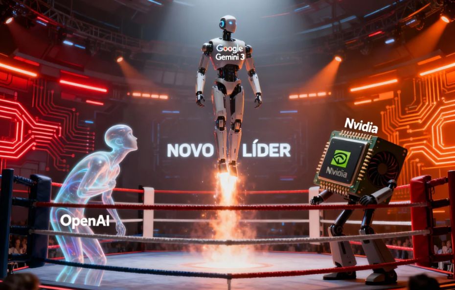 Um robô com o logo Google Gemini 3 levita poderosamente no centro de um ringue de boxe futurista, emitindo chamas. À esquerda, uma figura translúcida representando a OpenAI olha para cima com admiração. À direita, um robô com um chip da Nvidia (com o logo Nvidia) observa a ascensão. No centro do ringue, a frase "NOVO LÍDER" é claramente visível em português.