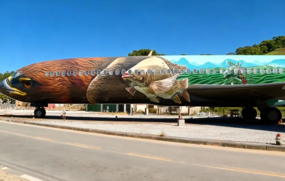 Fotografia lateral de um avião Boeing 727 estacionado em uma área urbana com pintura artística detalhando uma águia na frente e peixes no corpo da aeronave sob um céu azul.