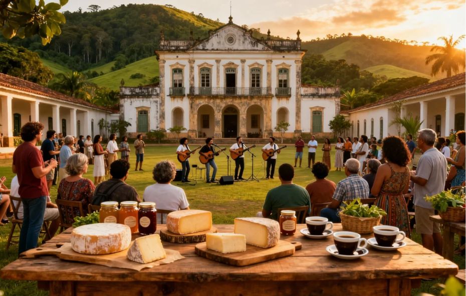 Fotografia realista de uma apresentação musical ao ar livre, em frente a um casarão histórico colonial, durante o pôr do sol. Há uma mesa em primeiro plano exibindo queijos artesanais, cafés e geleias regionais, enquanto o público assiste sentado na grama em um ambiente cercado por montanhas e Mata Atlântica.