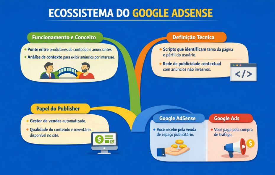 Infográfico ilustrando o mapa mental do Google AdSense com cinco eixos principais, mostrando funcionamento e conceito, definição técnica, papel do publisher e a diferença entre Google AdSense e Google Ads